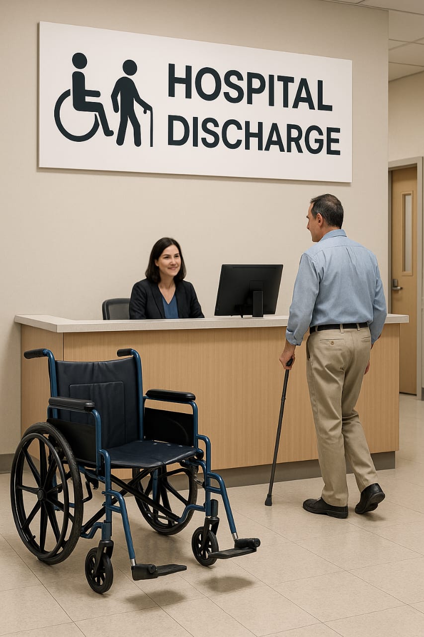 Hospital discharge area showing different patient mobility options and wheelchair availability